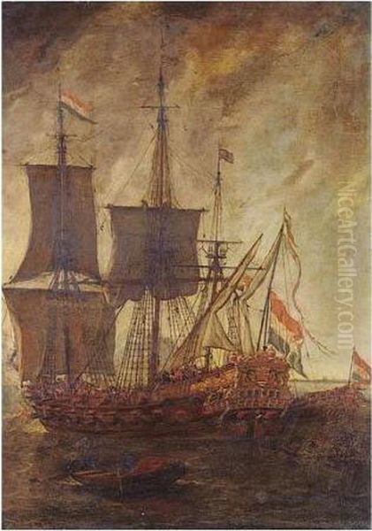 A Dutch Man-of-war Firing A Salute, With A State Barge Alongside The Starboard Stern - view 1