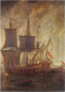 A Dutch Man-of-war Firing A Salute, With A State Barge Alongside The Starboard Stern A Dutch Man-of-war Firing A Salute, With A State Barge Alongside The Starboard Stern
