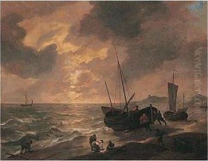 A Beach Scene With Fishermen Preparing Their Boats At Sunset A Beach Scene With Fishermen Preparing Their Boats At Sunset