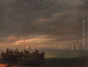 A River Estuary With Bandits On A
 Shore Awaiting The Arrival Offishermen In Rowing Boats, At Dawn