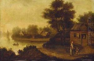 A river landscape with a mother and child on a track before a cottage