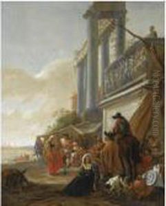 An Italianate Street Scene With Peasants Dancing Near A Classicalruin