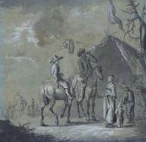 Bauernfamilie Mit Reitern In Landschaft