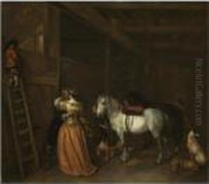 An Amorous Couple In A Stable With A Grey, A Bay Horse And Dogs
