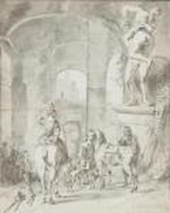 Hommes, Femmes Et Enfants Avec
Des Chevaux Et Des Chiens A L'entree D'une Ville, Une Sculpture De
L'enlevement D'une Sabine Sur La Droite by Hendrick Verschuring