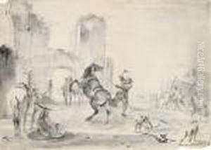 Compagnia Di Cacciatori Con Cani E Cavallo Che Si Impenna