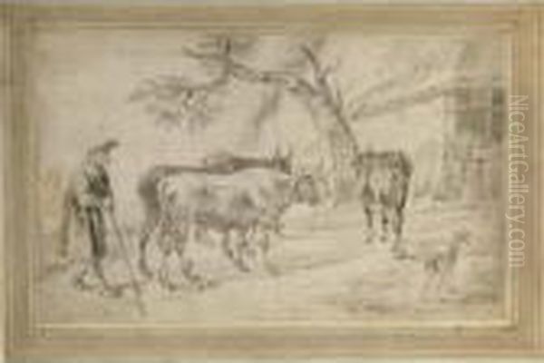 A) An Elderly Famer Herding Four Cows, His Dog To The Right - view 1