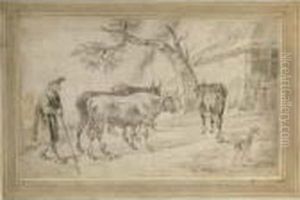 A) An Elderly Famer Herding Four Cows, His Dog To The Right