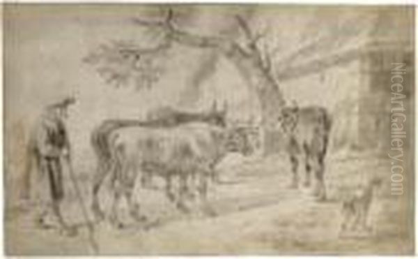 An Elderly Famer Herding Four Cows, His Dog To The Right - view 1