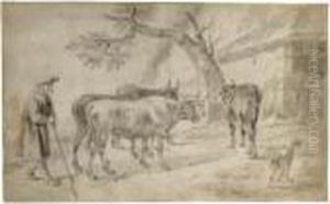 An Elderly Famer Herding Four Cows, His Dog To The Right