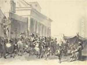 A Crowd Watching Actors In An 
Outdoor Theater, With A Coupledancing, A Classical Portico Beyond