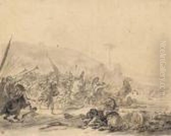A Battle Scene With Trumpets Blowing The Retreat - view 1