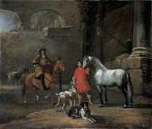 Stallinterieur Mit Einem Reiter Und Einem Stallburschen, Der Einen Apfelschimmel Halt.