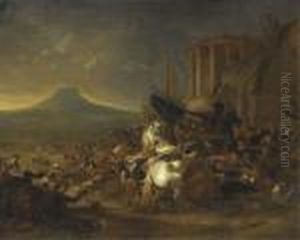 A Cavalry Skirmish Outside The Gates Of A City by Hendrick Verschuring