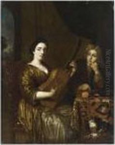 A Lady Playing A Guitar At A Table With A Man Watching And A Dog On A Chair