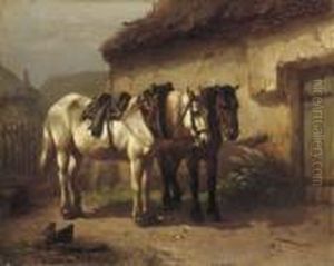 Working Horses Near The Stable