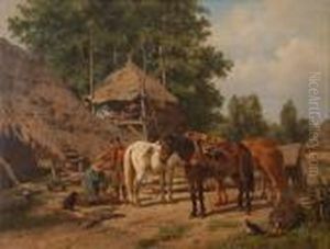 A Timber Yard With Men And Horses At Work