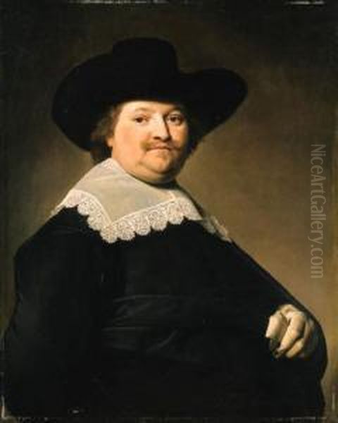 Portrait Of A Gentleman,
Half-length, Wearing A Black Costume Witha White Lace Collar And A Black
Hat - view 1