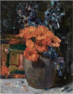 A Still Life With Marigold And Delphinium In A Bowl A Still Life With Marigold And Delphinium In A Bowl