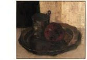 An Apple And A Pot With Glue On A Pewter Plate by Floris Verster