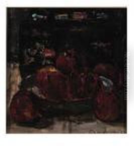 A Still Life With Red Apples On A Dish And A Japanese Lacquerbox by Floris Verster