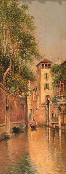 Gondola on a sunlit canal in Venice - view 1