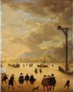 A Winter Landscape With Elegant Figures Skating And Playing Kolf On A Frozen River by Verstraelen Anthonie