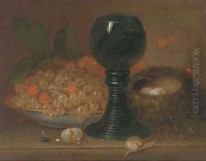 Still life with currants, a glass, bird's nest and eggs to the side by George Foster