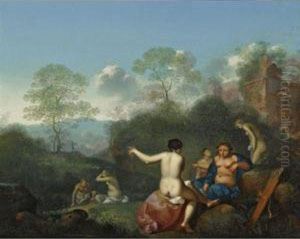 A Mountainous Landscape With Diana And Her Nymphs Resting Near Ruins by Daniel Vertangen