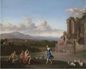 A Pastoral Landscape With A 
Shepherd Playing The Flute And A Girl Dancing, With Other Shepherds 
Watching by Daniel Vertangen