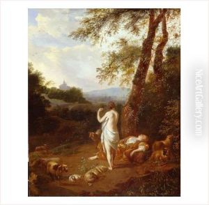 Paysage Boise Avec Une Baigneuse Et Une Bergere Endormie