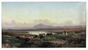 Landscape With Cattle And Herder On Horseback by Achille Vertunni