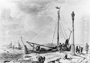A Sailing Boat mooring by a Jetty with a Beacon Light at the Boeregat, Rotterdam