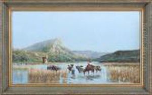 Paesaggio Con Contadini Ed Armenti Che Attraversano La Palude Pontina by Achille Vertunni