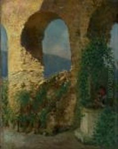 Junge Frau Am Brunnen Unter Einem Ruinenbogen by Achille Vertunni