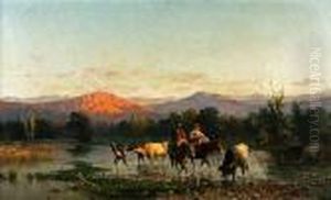 A Travelling Family On Horseback
 In Anextensive Landscape, With A Cattle Drover In The Foreground
