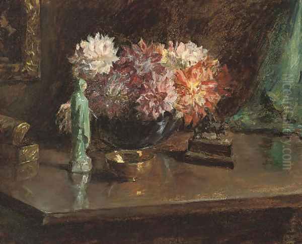 Chrysanthemums and figurines, on a table - view 1