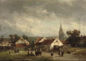 A View Of Scheveningen With Figures Strolling by Salomon Leonardus Verveer