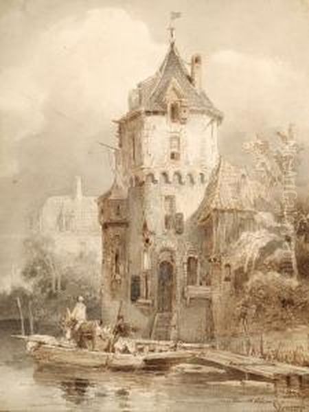 Figures Near A Tower By The Water's Edge - view 1