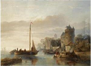 A Busy River Scene by Salomon Leonardus Verveer