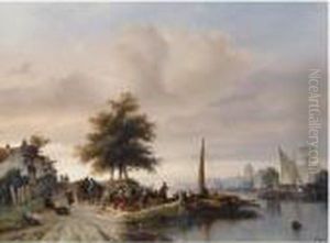 The Ferry On The Maas Near Dordrecht by Salomon Leonardus Verveer