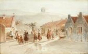 Figures In A Village Street by Salomon Leonardus Verveer