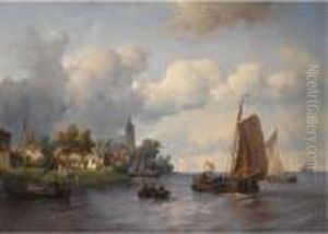 Sailing Ships Near A Town by Salomon Leonardus Verveer
