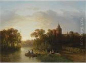 Fishermen And Resting Figures In A River Landscape by Salomon Leonardus Verveer