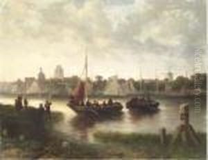 A River Landscape With Boats Coming Ashore by Salomon Leonardus Verveer