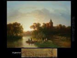 Fischer Am Fluss Vor Schlossanlage by Salomon Leonardus Verveer