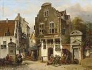 Town With Figures Near A Water Pump by Salomon Leonardus Verveer