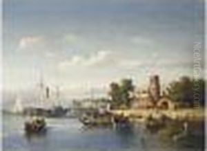 A Paddle-boat And A Ferry On The Merwede Near Woudrichem by Salomon Leonardus Verveer