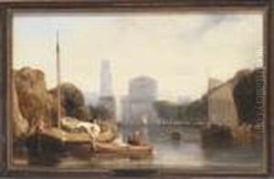 Barges On A River, Rotterdam by Salomon Leonardus Verveer