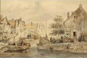 A Town View With Figures By A Canal by Salomon Leonardus Verveer